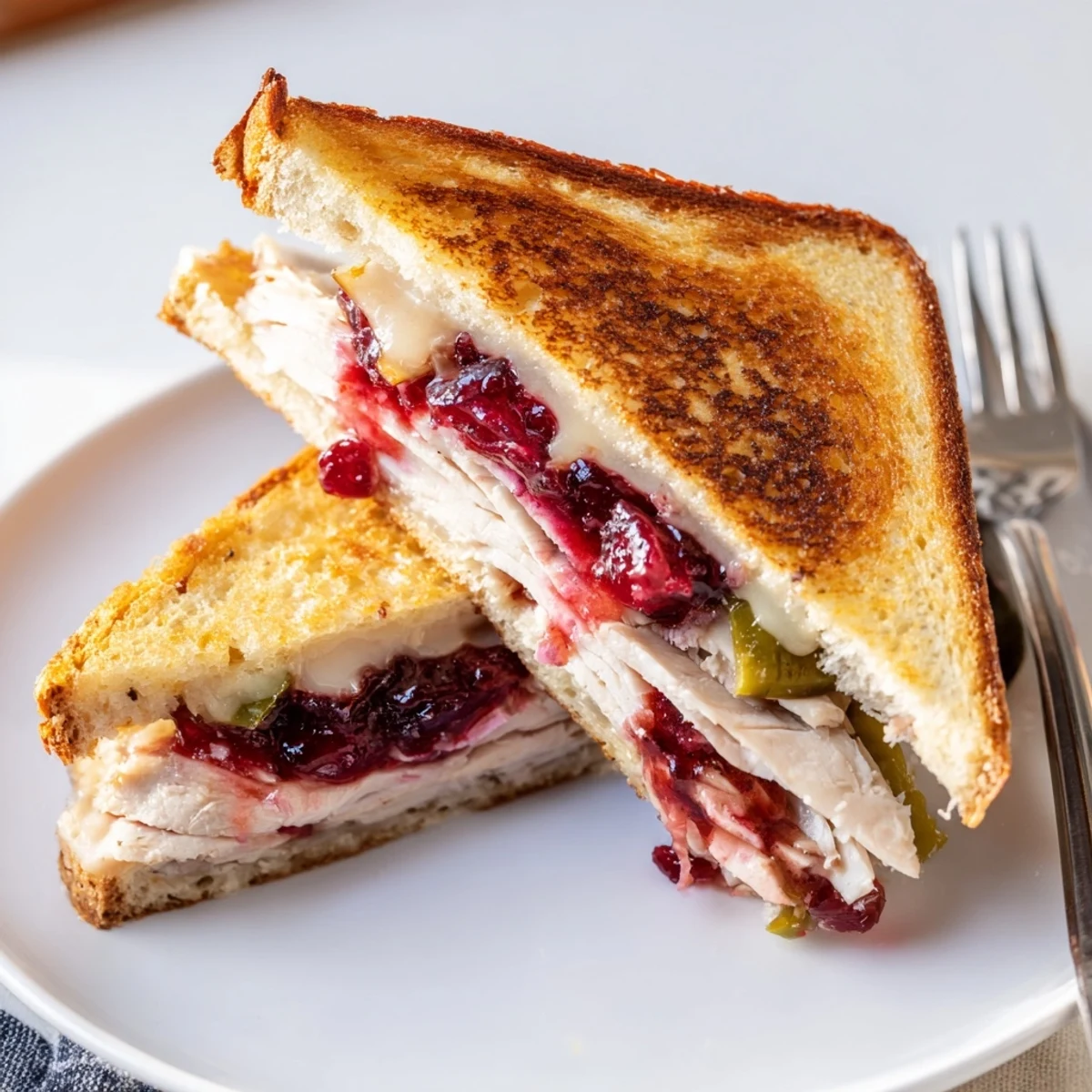 Golden air fryer jalapeño cranberry turkey grilled cheese, oozing cheese and ready to eat.
