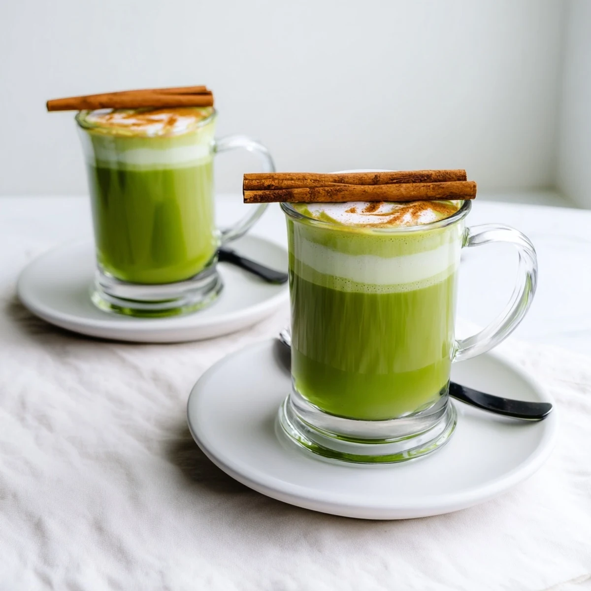 Steaming Maple Cinnamon Gingerbread Matcha Oat Latte, topped with cinnamon, ready to warm you.