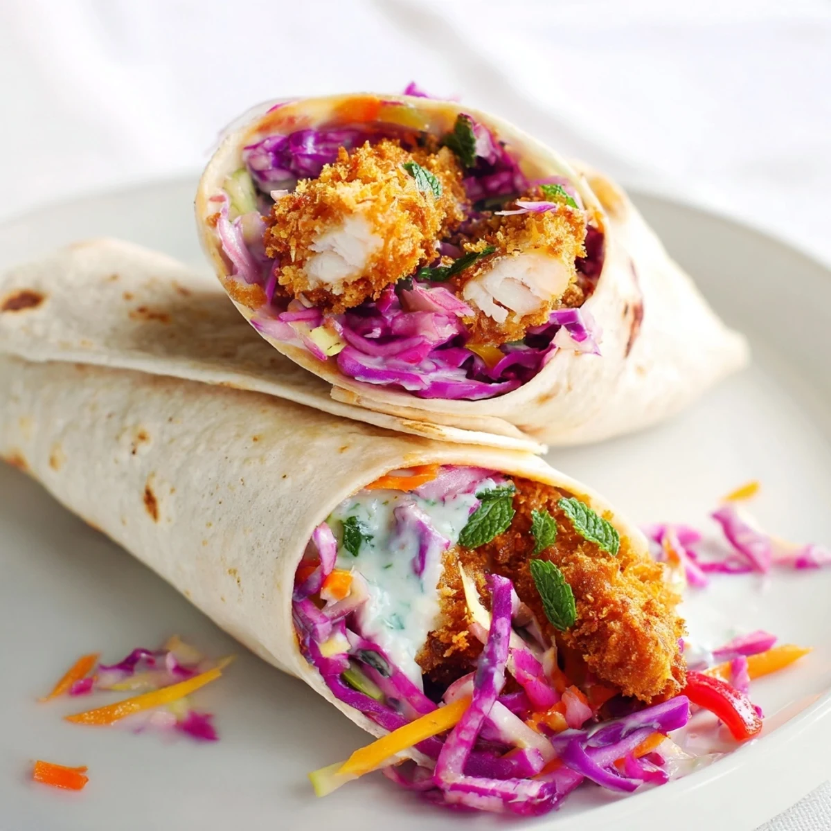 Candy Cane Crunch Chicken Veggie Wrap featuring crispy chicken and colorful fresh vegetables.