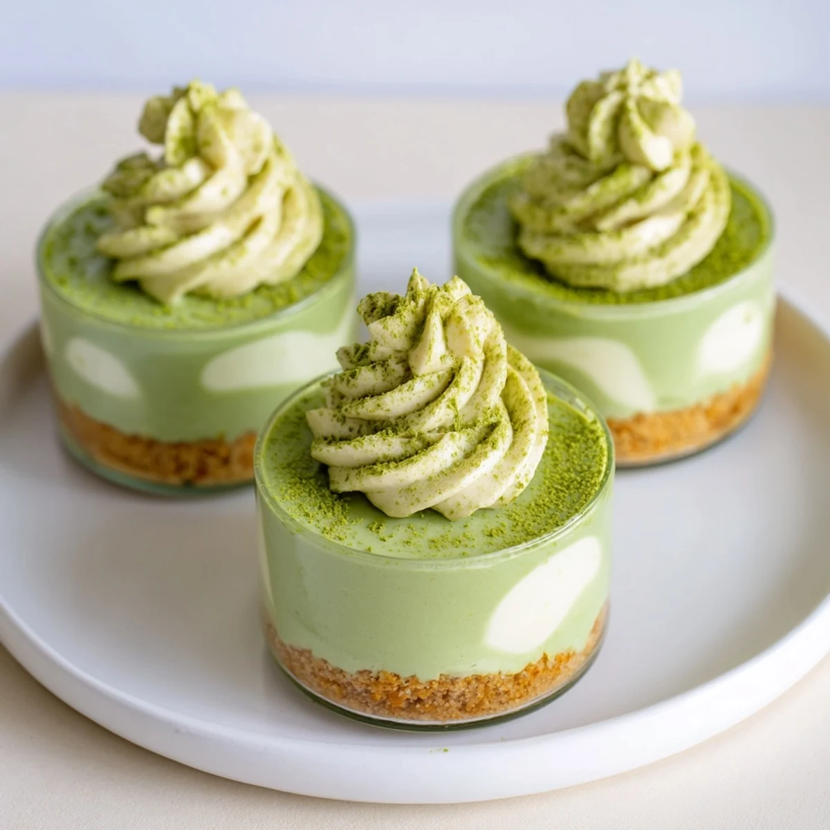 These no-bake Matcha Swirl Snowdrift Cheesecake Cups show a beautiful, layered dessert with a lovely green hue.