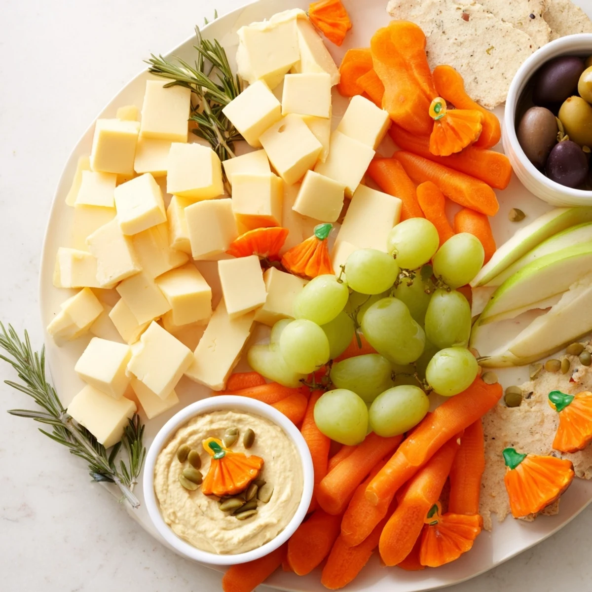 Pumpkin Patch Snack Board with an array of cheeses, fruits, and crackers perfect for sharing.