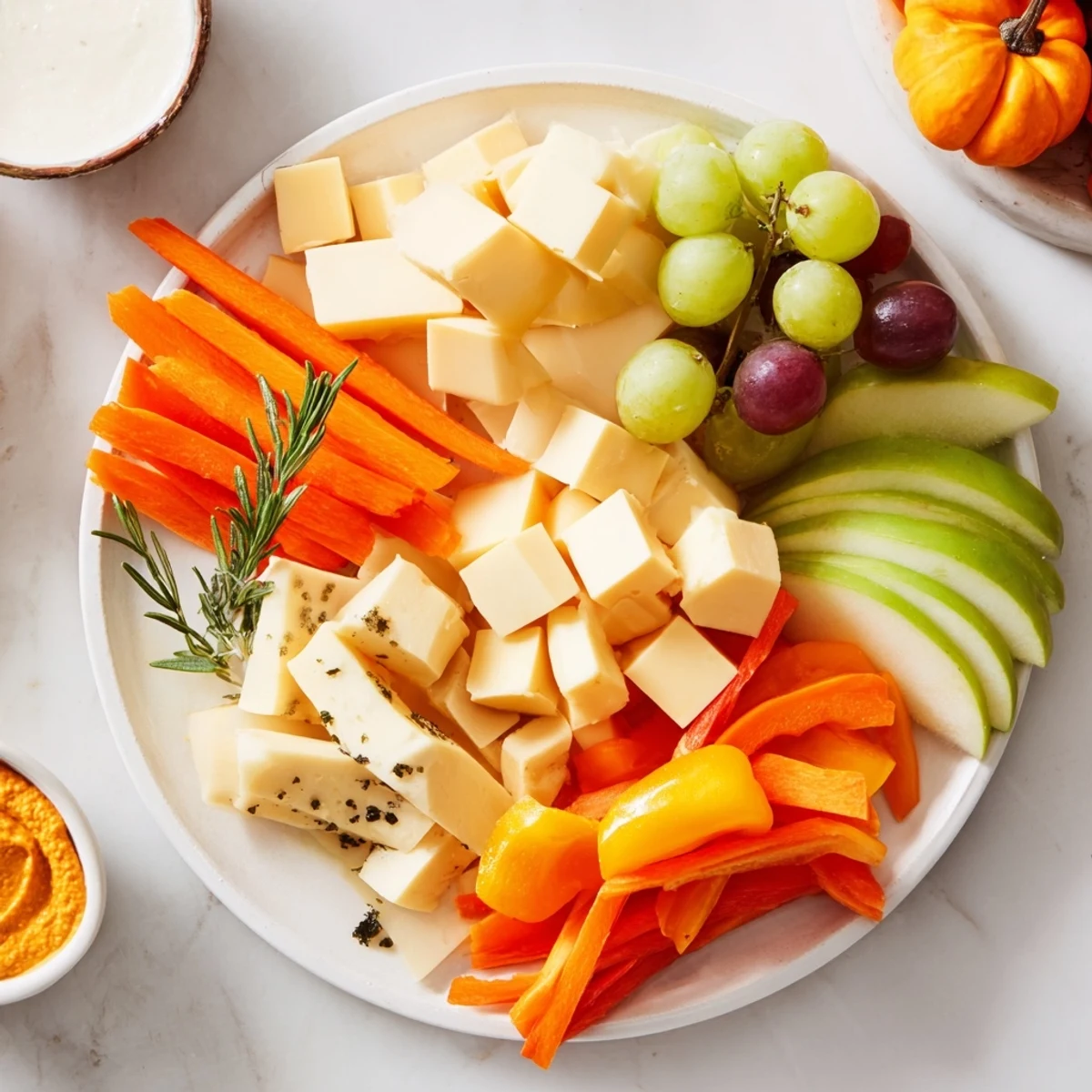 A vibrant Pumpkin Patch Snack Board showcasing colorful apple slices and creamy pumpkin hummus.