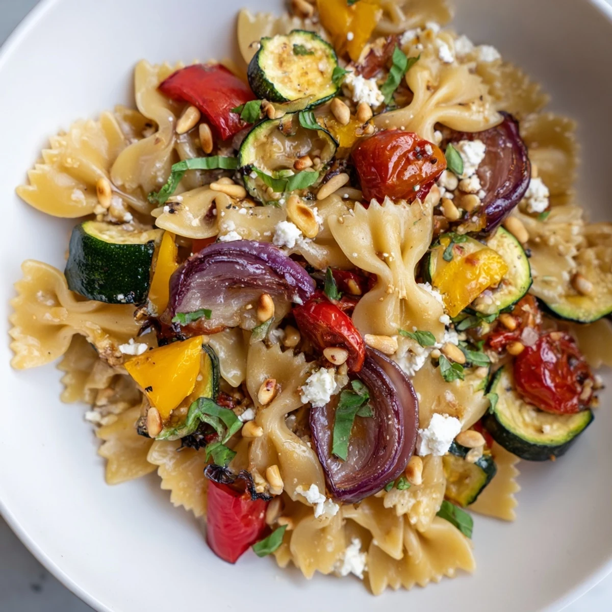 A vibrant, colorful platter of Festive Bow Tie Pasta, bursting with roasted vegetables and fresh herbs.