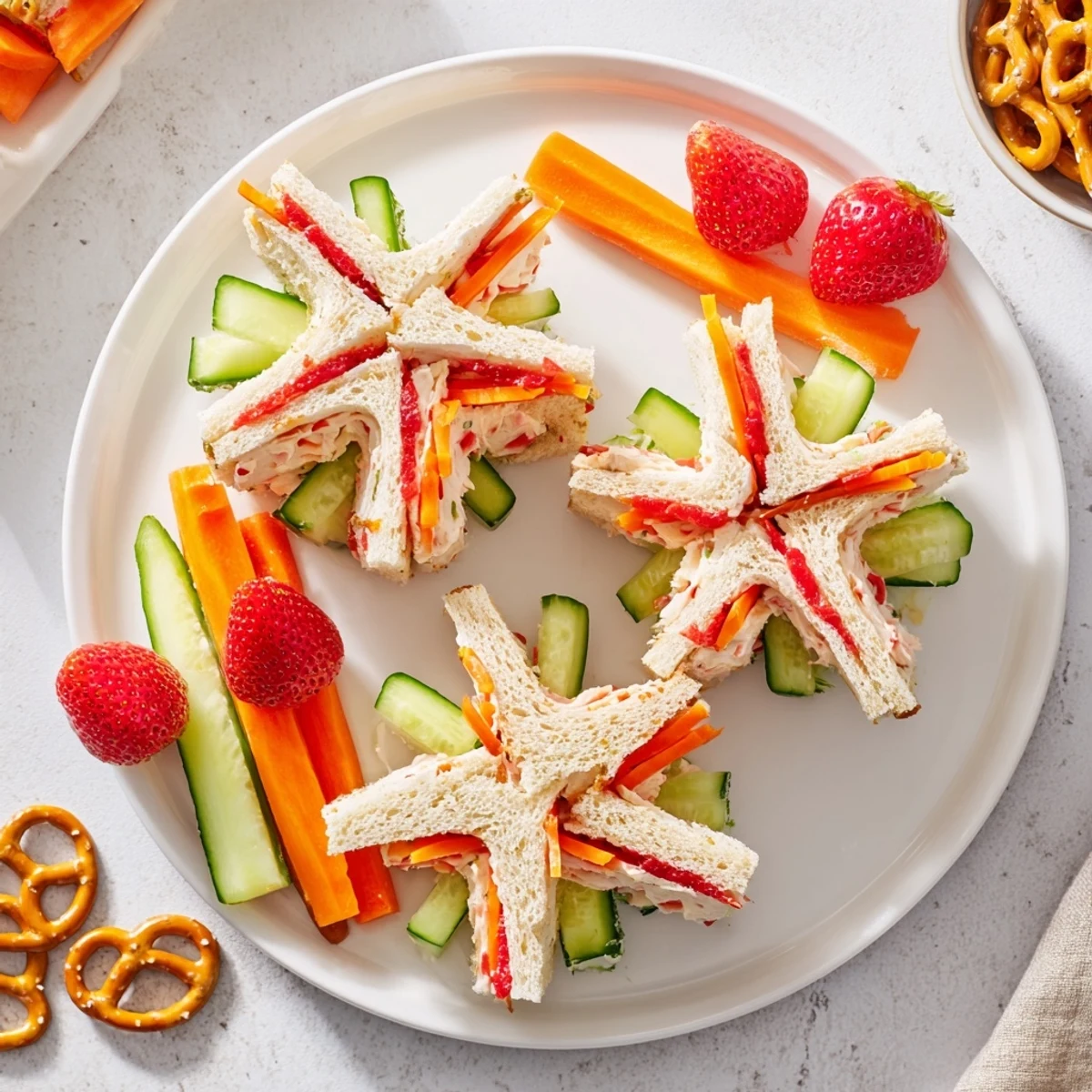 Beach Day Starfish Snack Spread: Adorable starfish sandwiches with fresh fruit and savory snacks, perfect for a summer picnic.