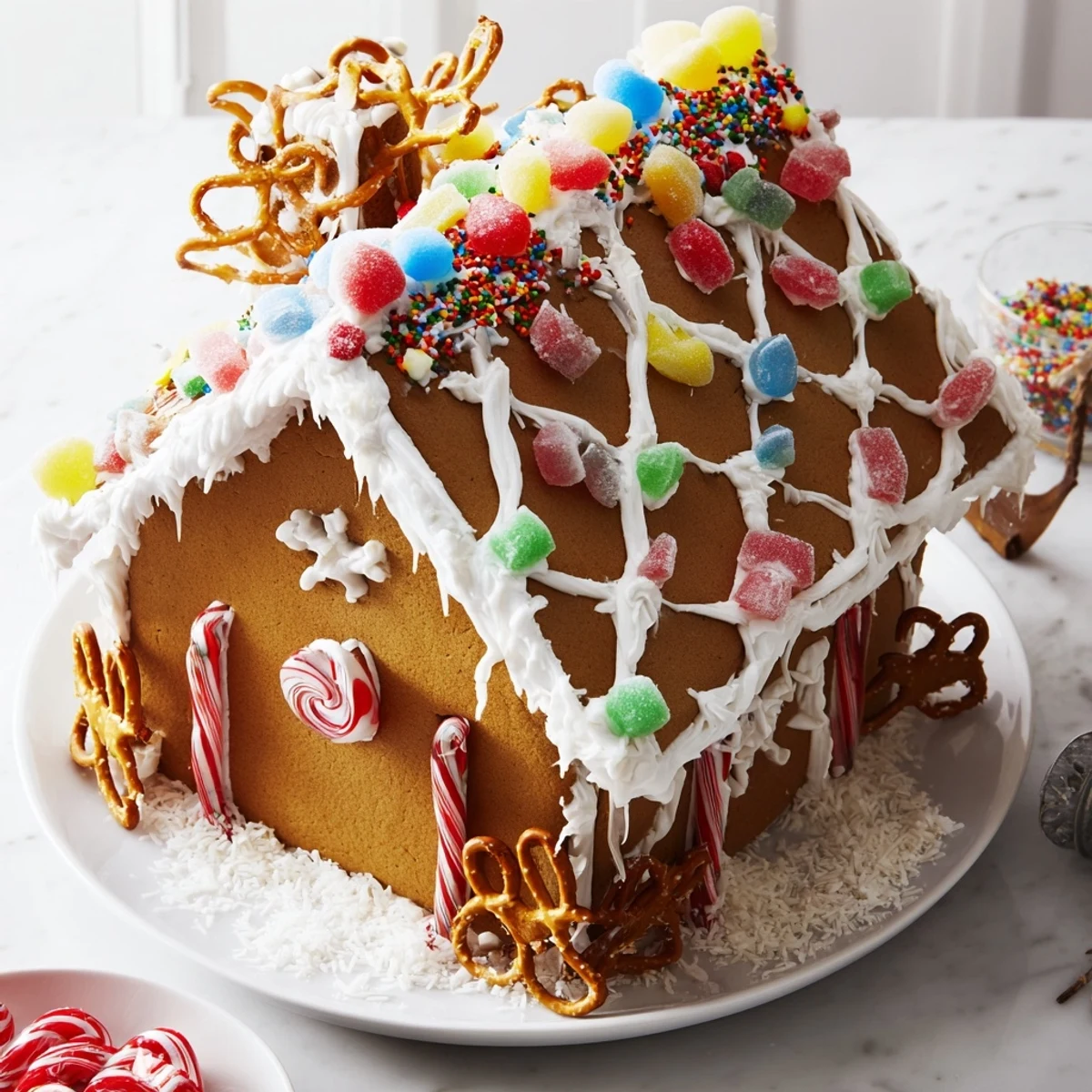 A beautifully decorated gingerbread house kit, ready for creating sweet holiday memories.