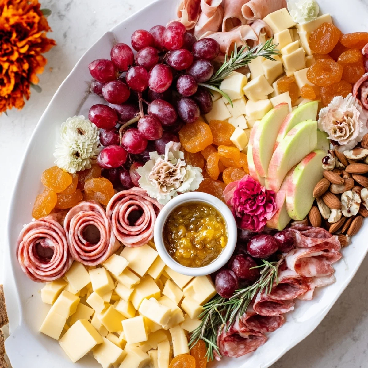 A vivid Holiday Bow Appetizer Platter, overflowing with colorful fruits, cheeses, and meats for your guests.