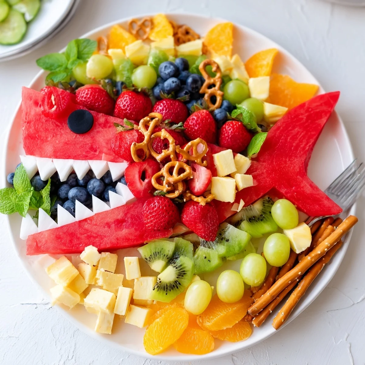 A vibrant Watermelon Wave Shark Snack Board overflowing with juicy fruits on a platter.