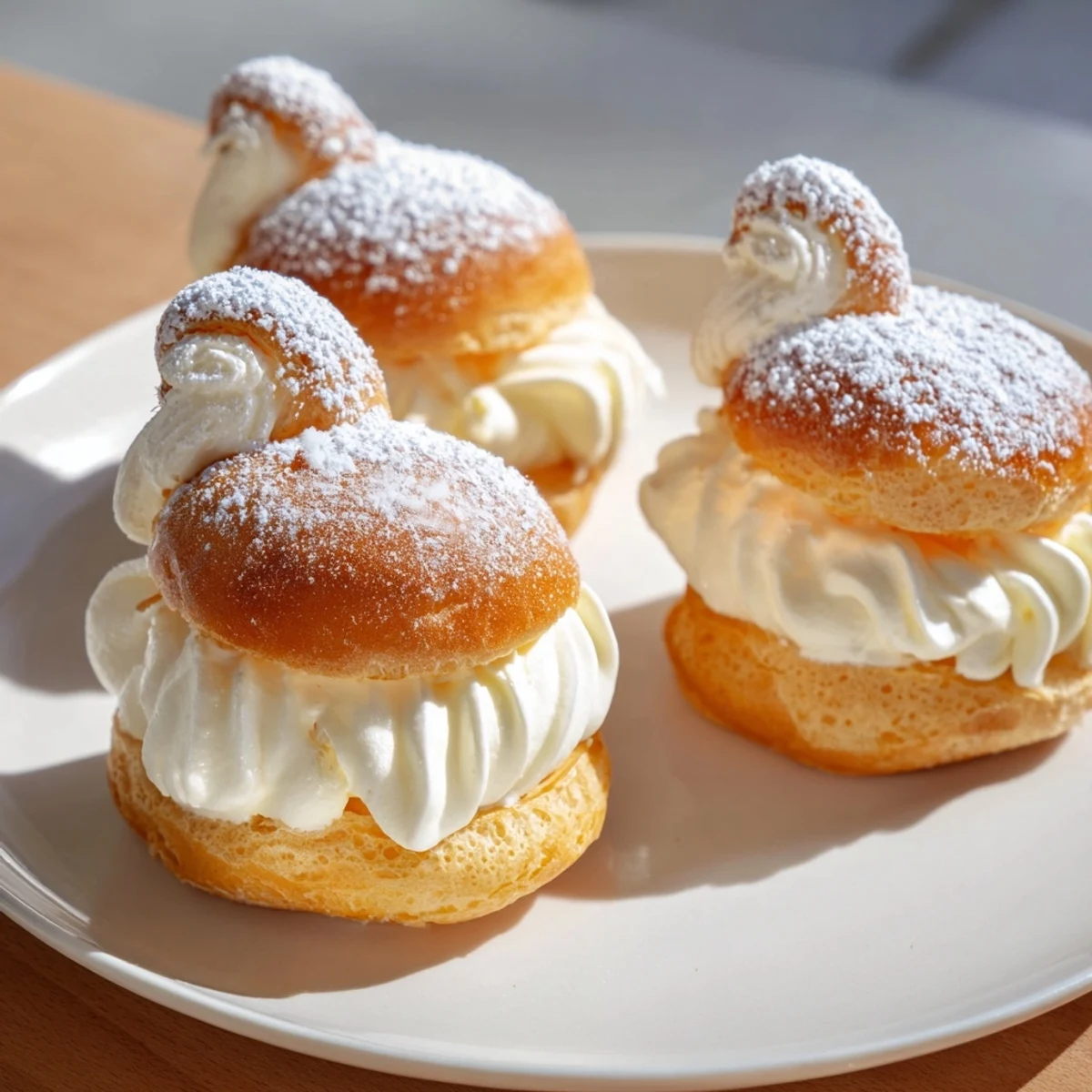 An aerial view of elegant, powdered sugar-dusted Elegant Swan Mini Pastries, showcasing the wings.