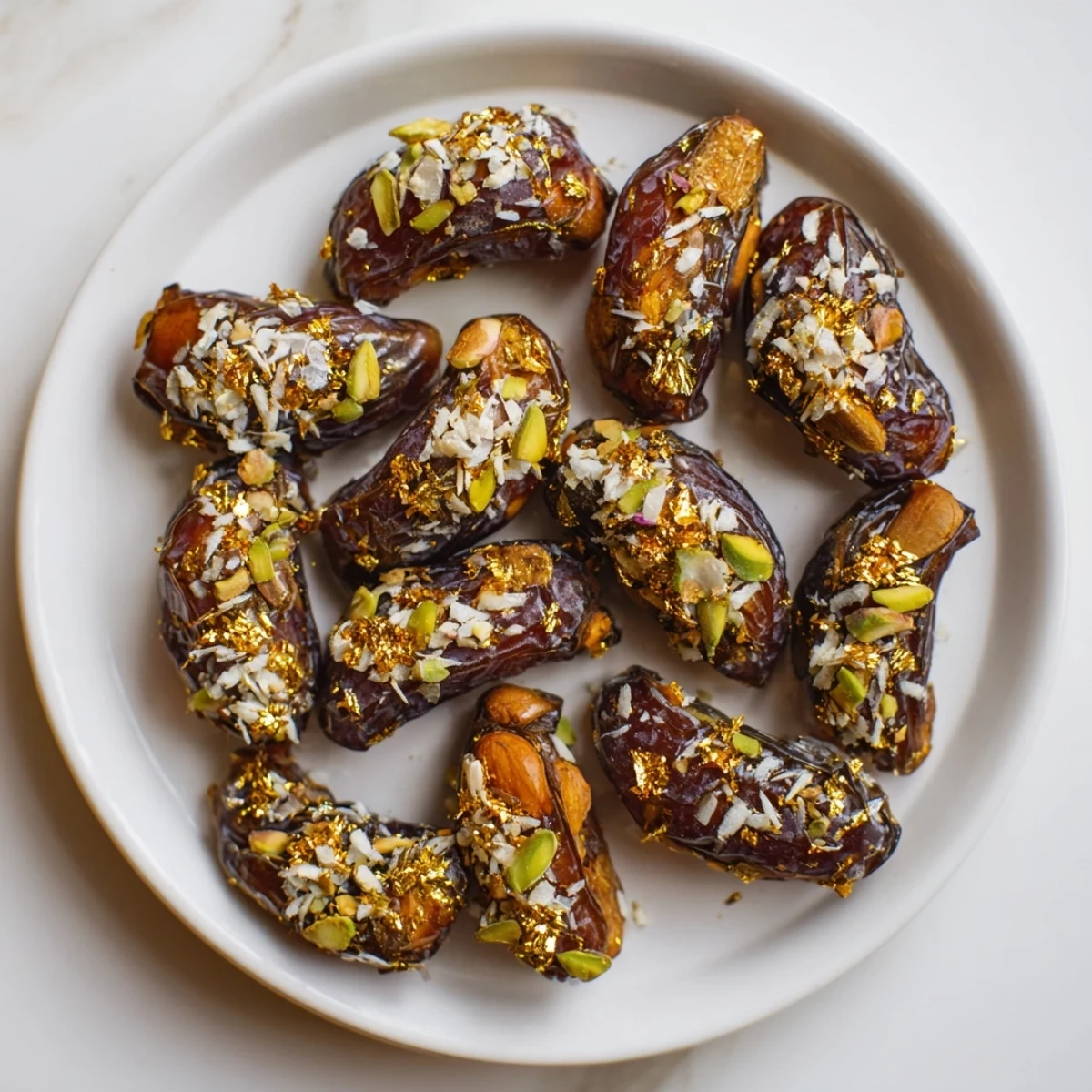 Enjoy a close-up of the Lunar and Star Date Platter: filled, glistening dates garnished with edible gold.