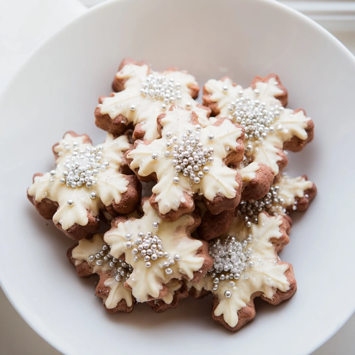 Snowflake cookies glistening with white chocolate and silver sprinkles, a delightful winter treat.