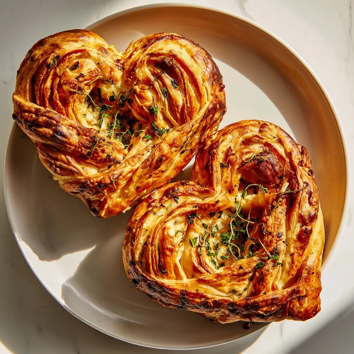 Golden-brown Cœurs Entrelacés, intertwined pastry hearts filled with creamy goat cheese, ready to serve.