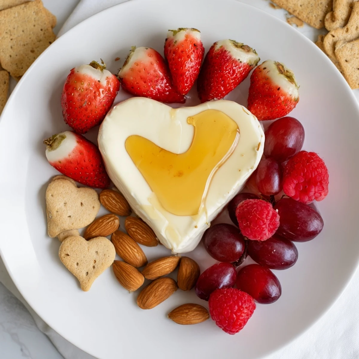 Sweetheart Brie and Jam Board arrangement with fresh fruit and crackers, ready to enjoy.
