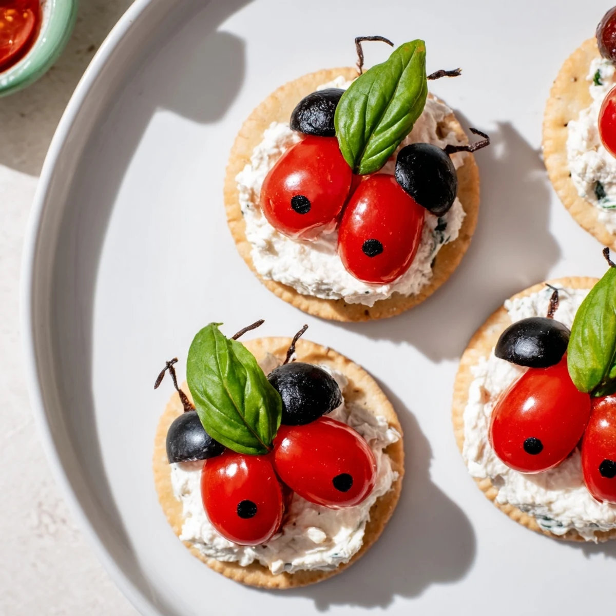 Close-up of freshly assembled Ladybug Tomato & Olive Bites, showcasing the charming olive heads and spots.