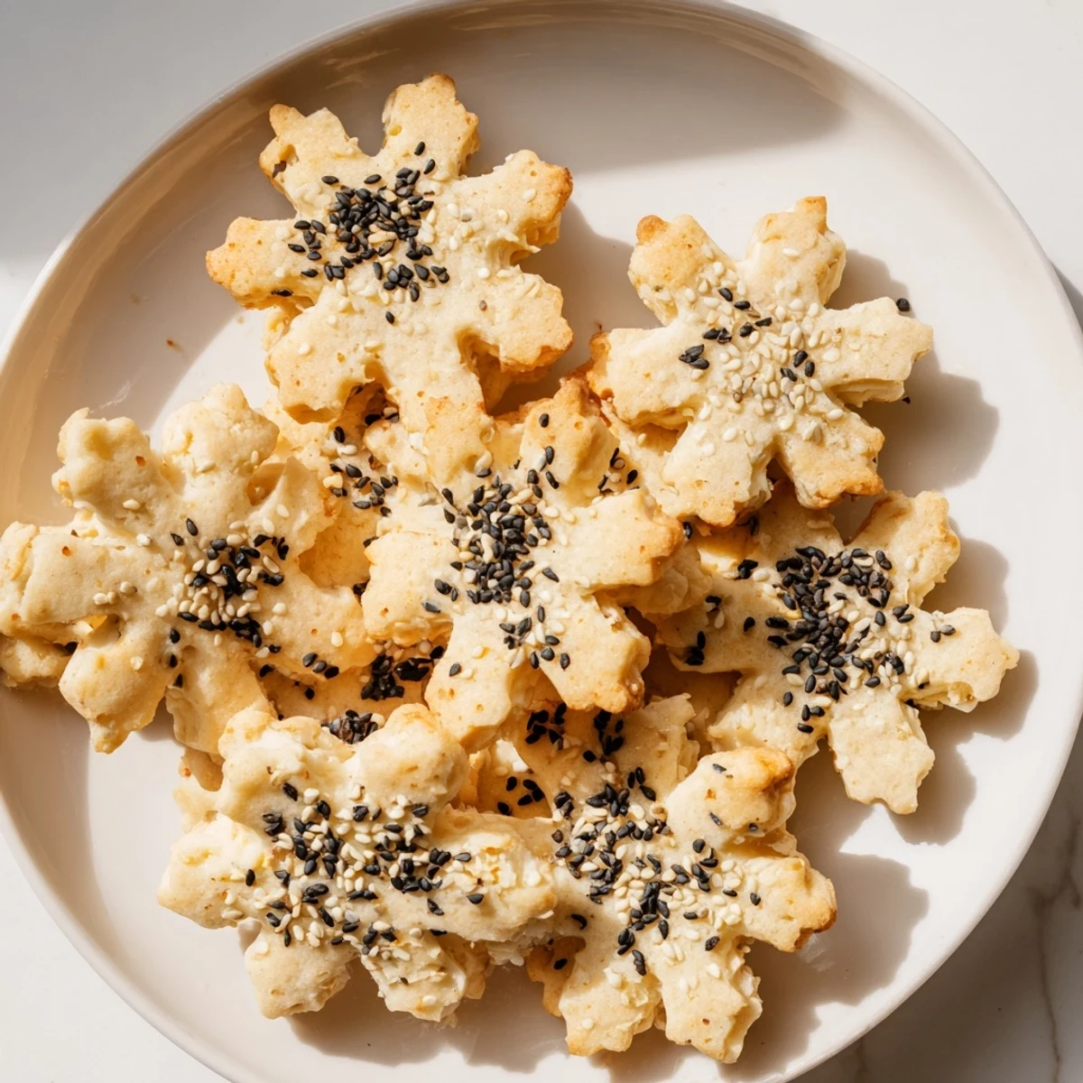 Crisp golden Gourmet Crackers: snowflake cutouts arranged artfully for an elegant appetizer.