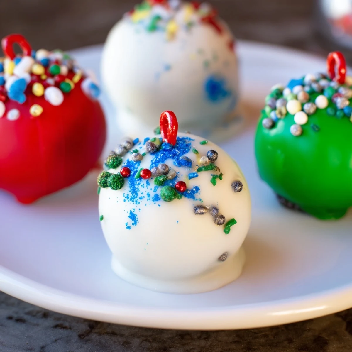 Colorful ornament ball cake pops, perfect for holiday celebrations, sit ready to be enjoyed.