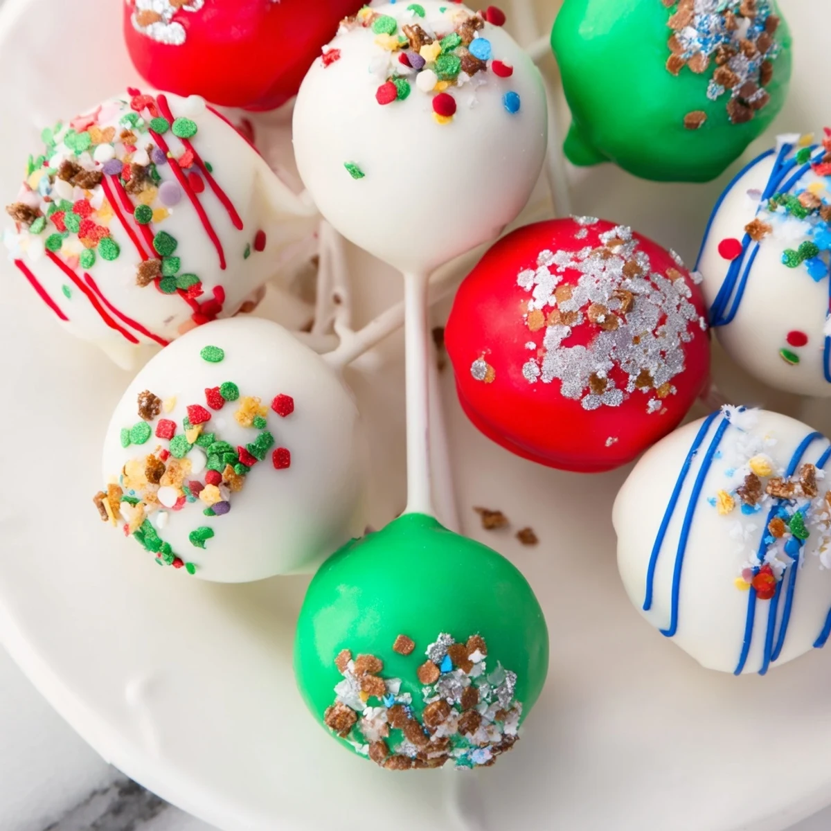 Arrangement of festive ornament ball cake pops showcasing a variety of colorful sprinkle and candy designs.