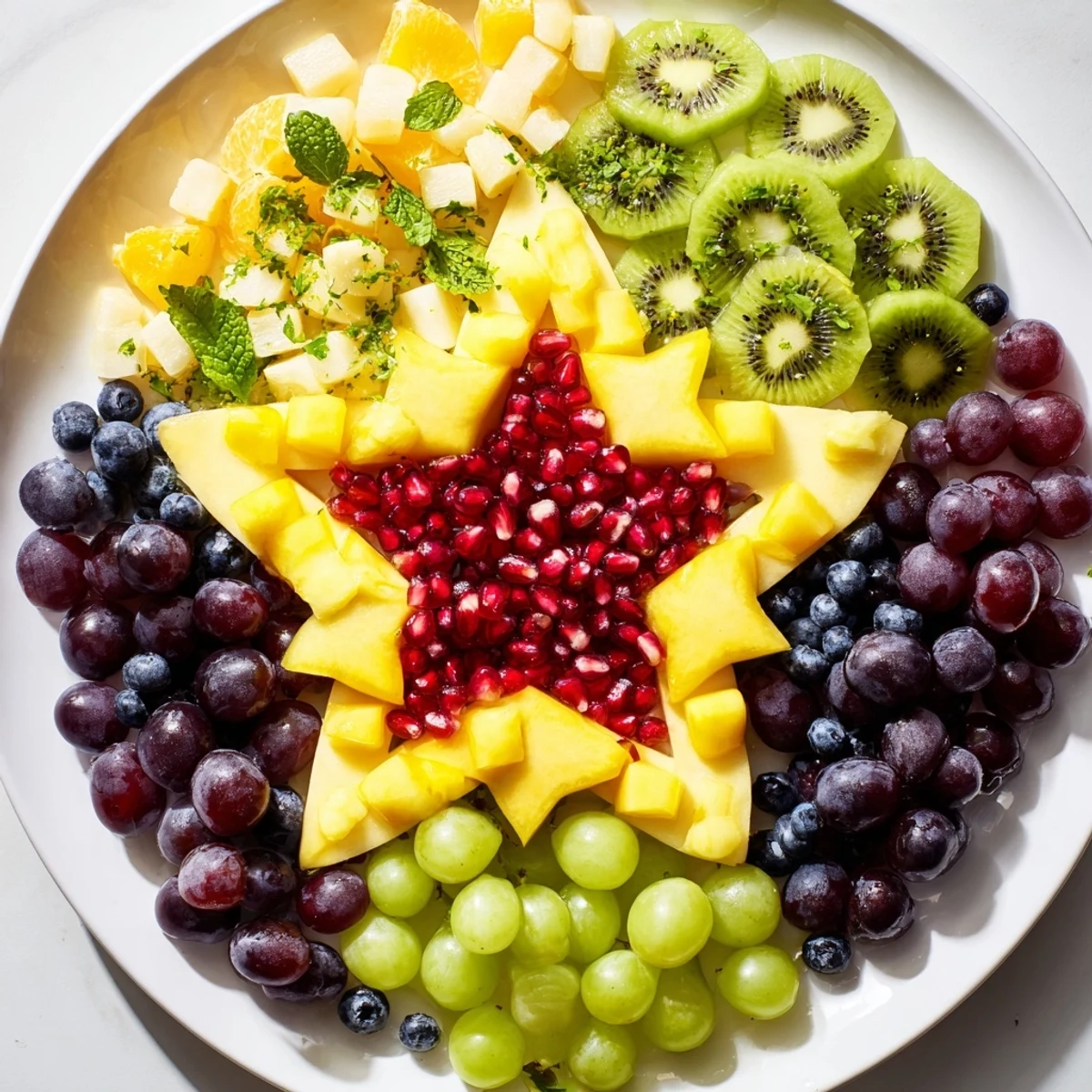 Freshly arranged Pomegranate and Mint Star Fruit Platter, inviting with its sweet, fruity aroma.
