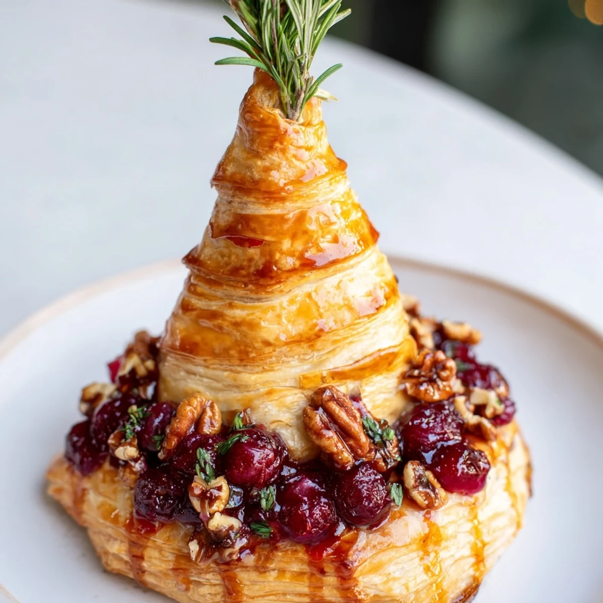 Festive Brie en Croûte Pine Tree, golden puff pastry with cranberry filling, ready for serving at a holiday party.