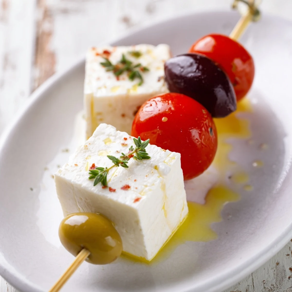 Vibrant Holiday Cheers Olive and Feta Skewers stacked with olives, tomatoes, and creamy feta cheese, ready to enjoy.