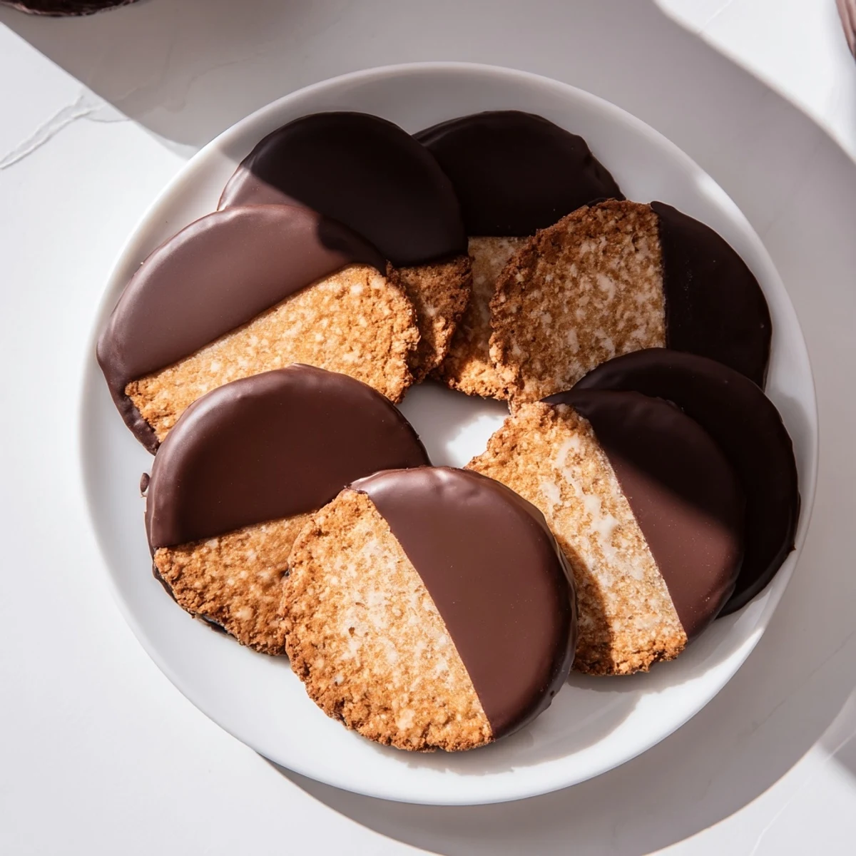 Warm, golden Simple Cookies: Vanilla Wafers dipped in glossy, semi-sweet melted chocolate for dessert.