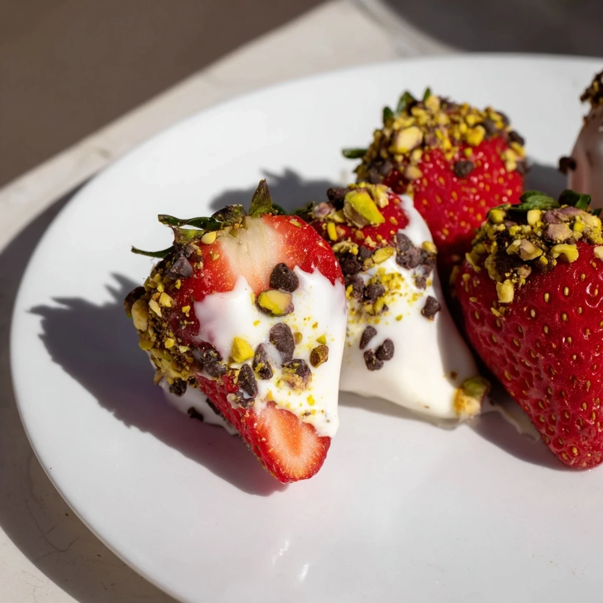 A close-up of vibrant red Yogurt Dipped Strawberries, offering a cool, refreshing summer treat.