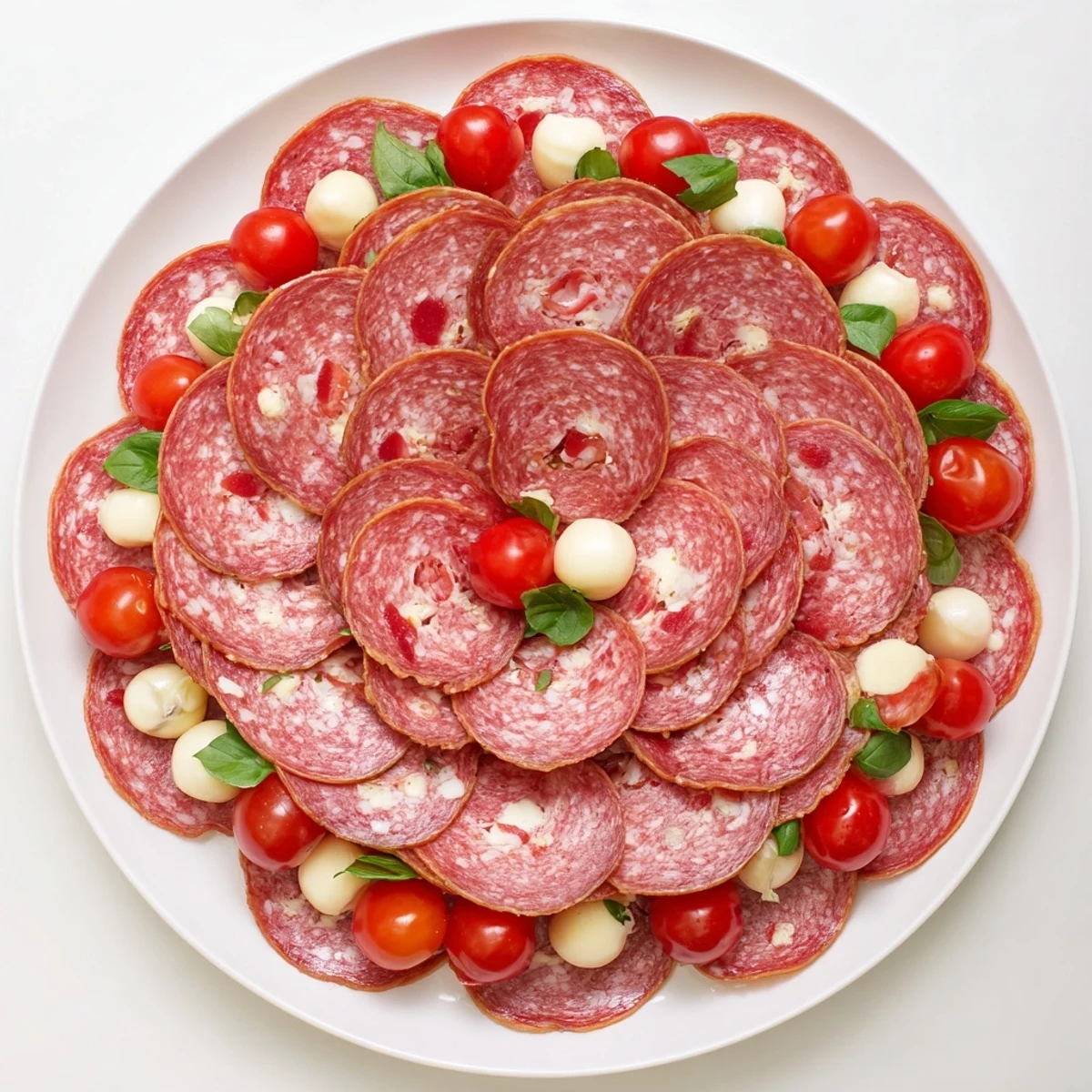 Folded Salami Wreath, a beautiful appetizer, showcasing salami folds with mozzarella and tomatoes.
