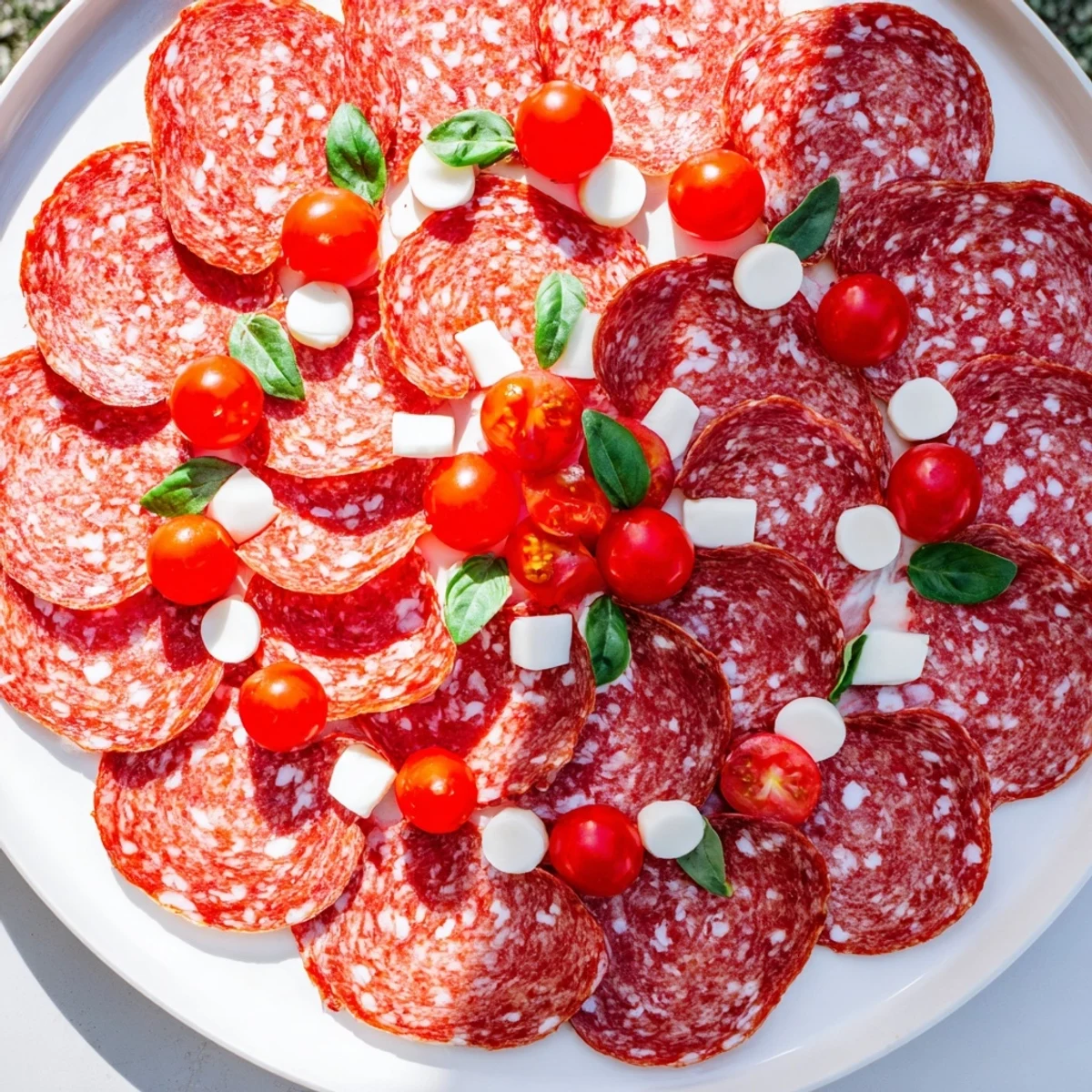 This savory Folded Salami Wreath displays a colorful arrangement of salami, ready to serve alongside crackers.