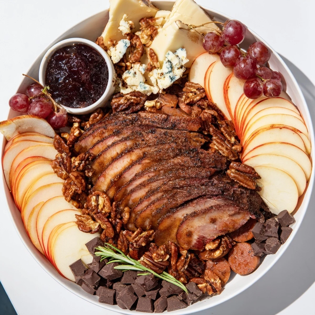 Smoky BBQ & Bourbon Companion charcuterie board filled with meats, cheeses, dark chocolate, and candied pecans.