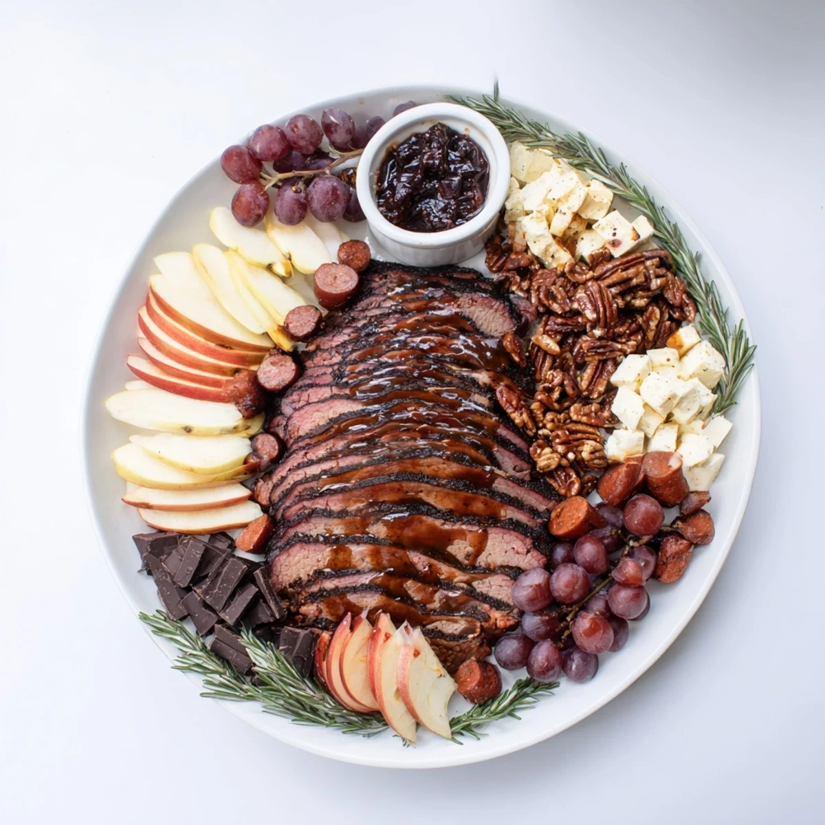 A beautifully arranged Smoky BBQ & Bourbon Companion, with glistening meats and creamy cheeses, ready to serve and enjoy.