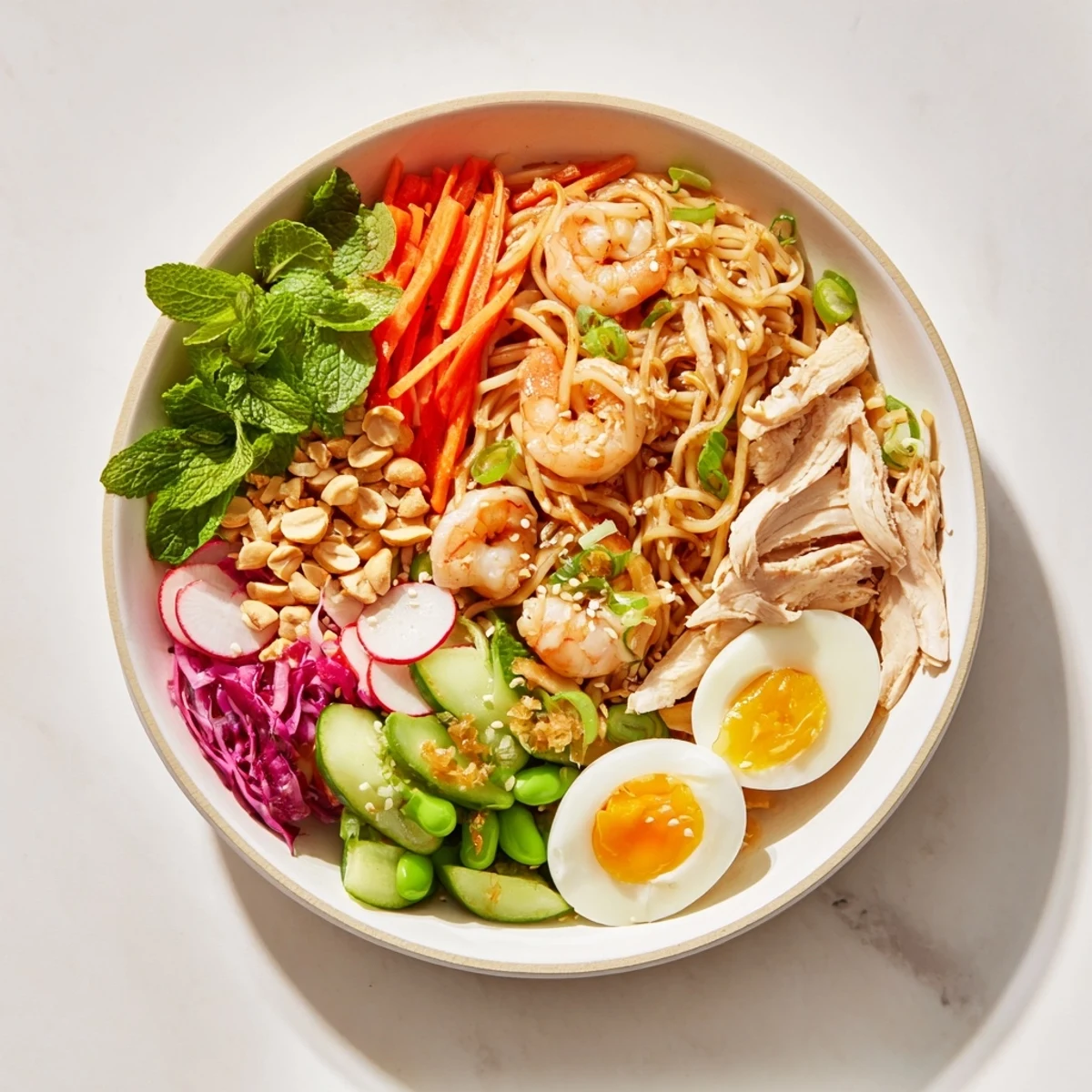 Beautifully arranged Asian Fusion Noodle Bowl features chicken, shrimp, and tofu with fresh, crisp garnishes.