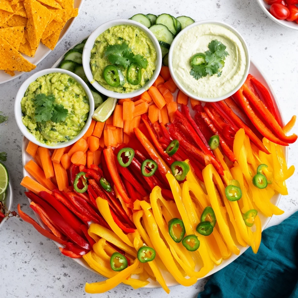 A close-up of a festive Spicy Chili Pepper Fiesta platter: bell peppers with guacamole, hummus, and chips.