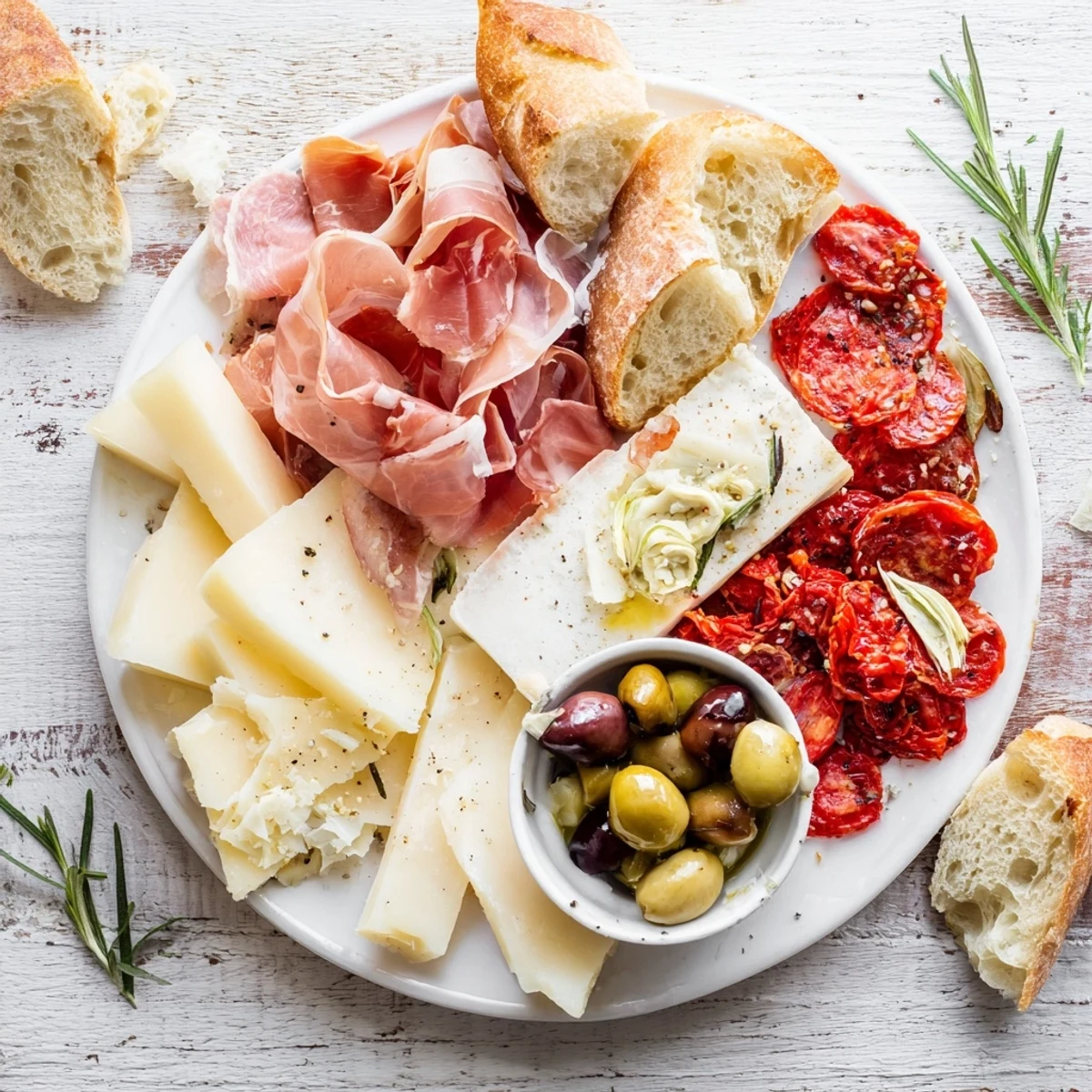 Rustic Italian Farmhouse Board displays a variety of cheeses, meats, bread, olives, and tomatoes, inviting you to enjoy this Italian feast.