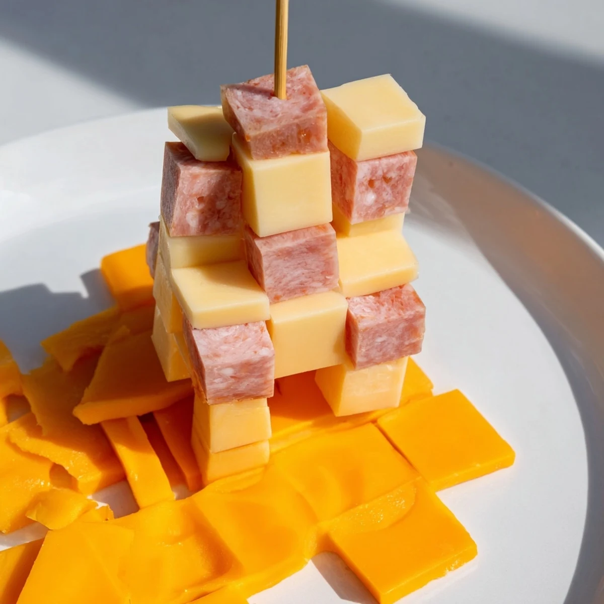This tempting Checkerboard Chalet appetizer showcases a detailed checkerboard base topped by a cheese chalet.