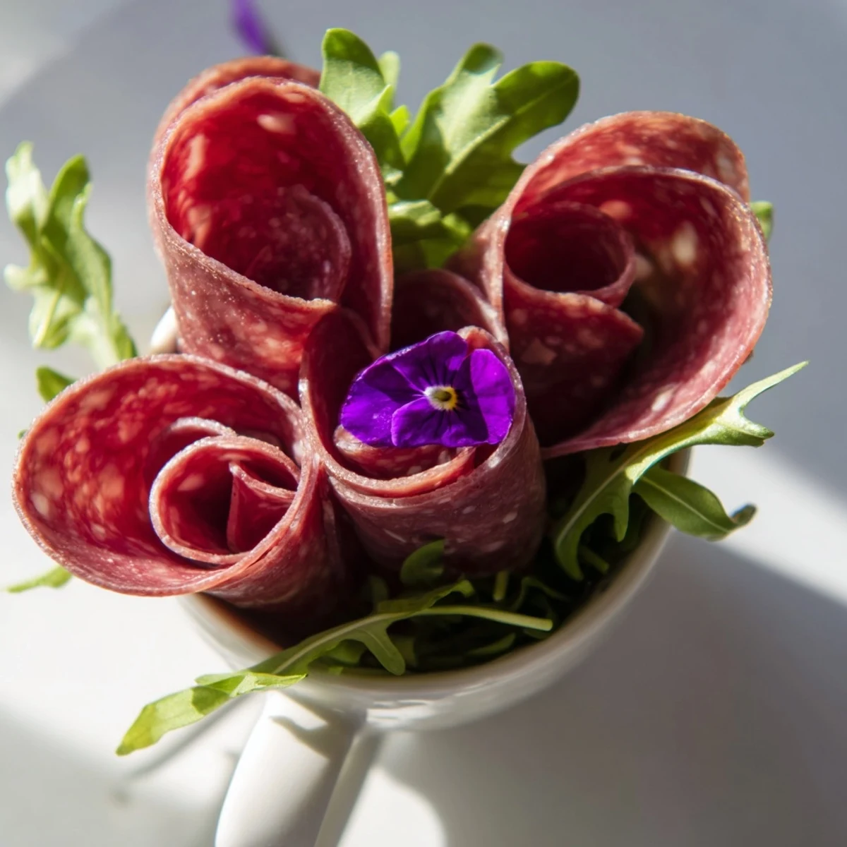 Victorian Tea Rose appetizer: beautifully arranged salami and pepperoni roses nestled in delicate teacups, ready to eat.