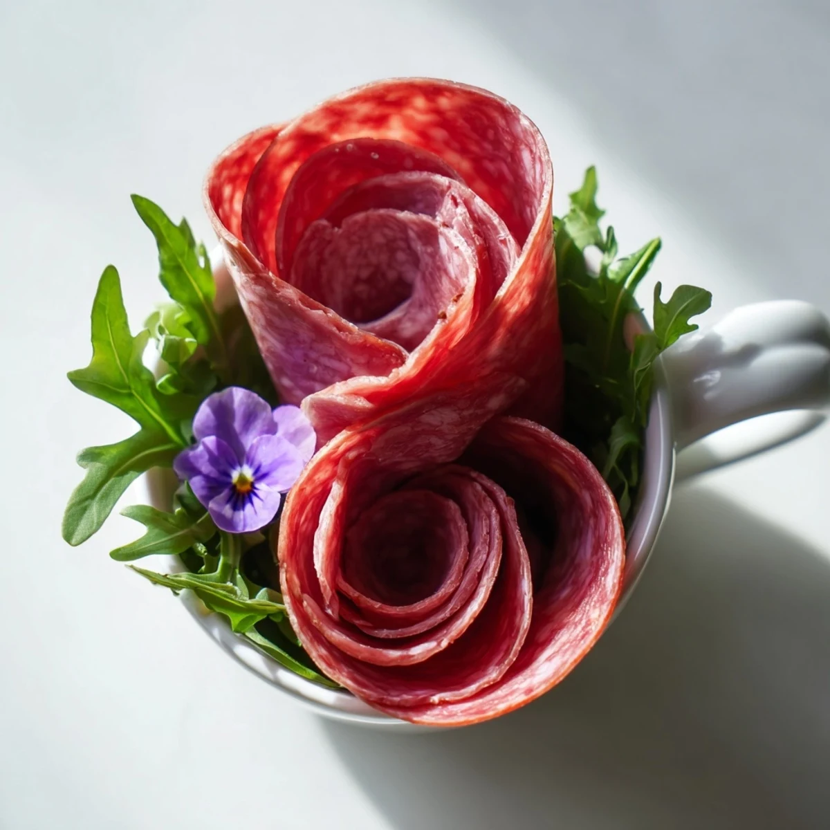 Close up shot of the stunning Victorian Tea Rose appetizer: savory meat roses in teacups, perfect for a party.