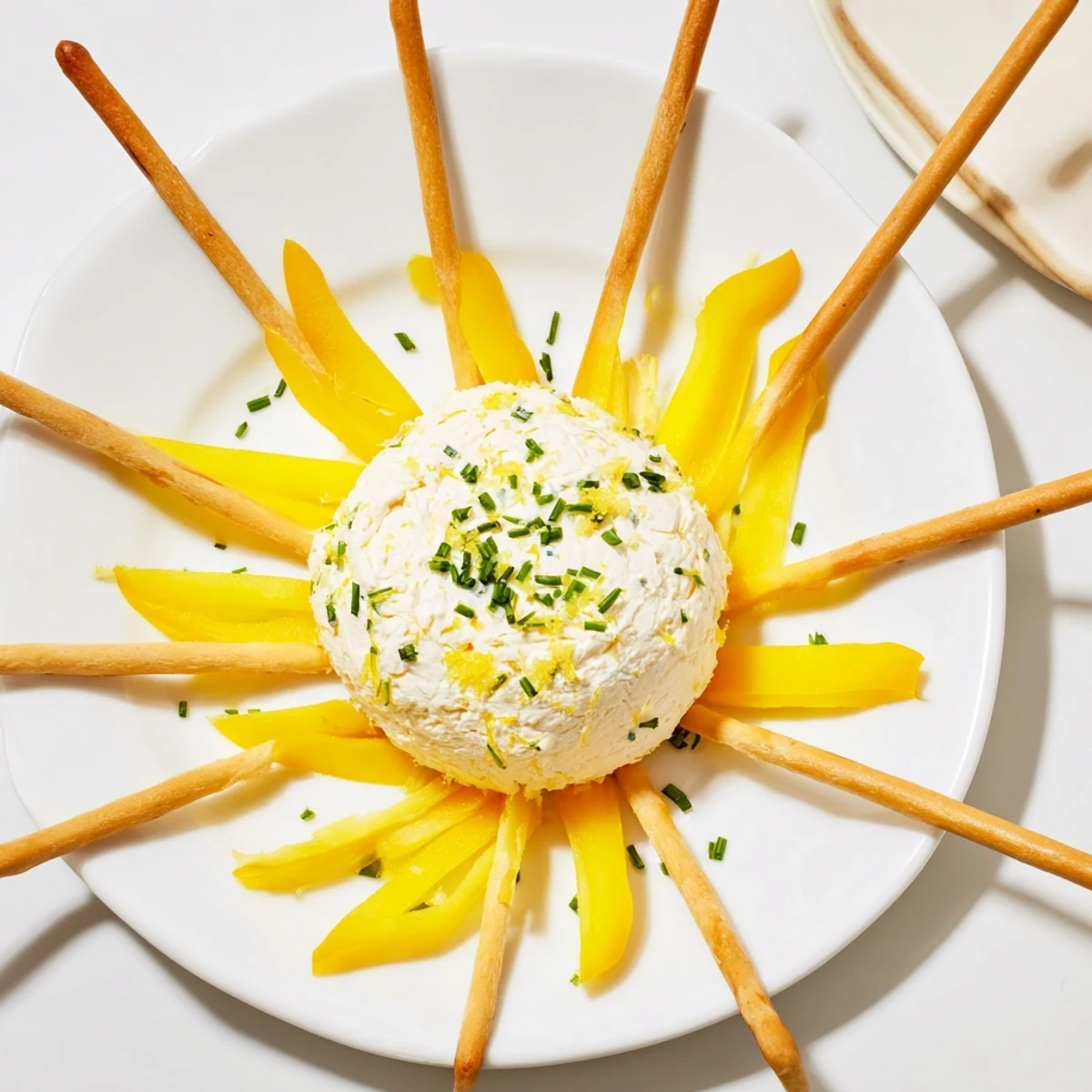 Freshly assembled Tuscan sunburst: a vegetarian appetizer perfect for summer, featuring goat cheese and bell peppers.