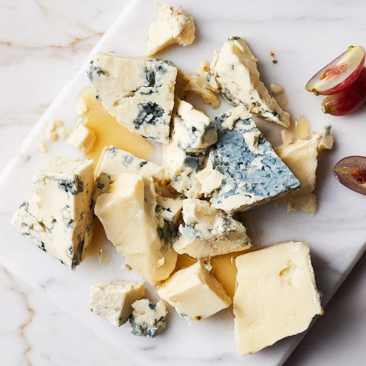Chunks of blue cheese and white cheddar create a beautiful Marble Quarry cheese board appetizer, ready to serve.