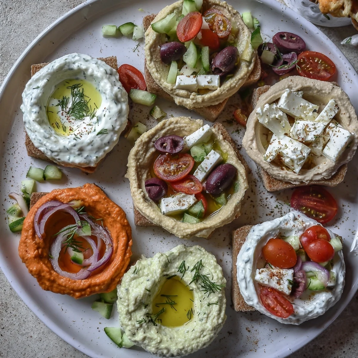 A colorful Mediterranean Mezza Platter with hummus and pita, ready to serve and enjoy.