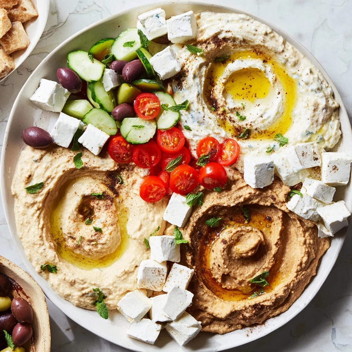 Rustic platter of Mediterranean Mezza, featuring creamy dips, fresh veggies, and feta cheese.