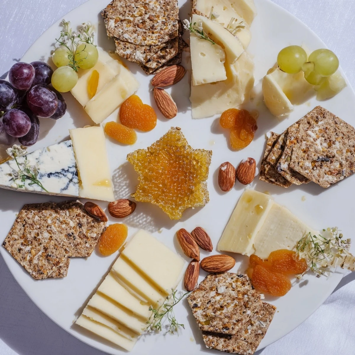 Magnificent Gilded Hive cheese board with hexagon cheeses and crackers arranged around honeycomb.