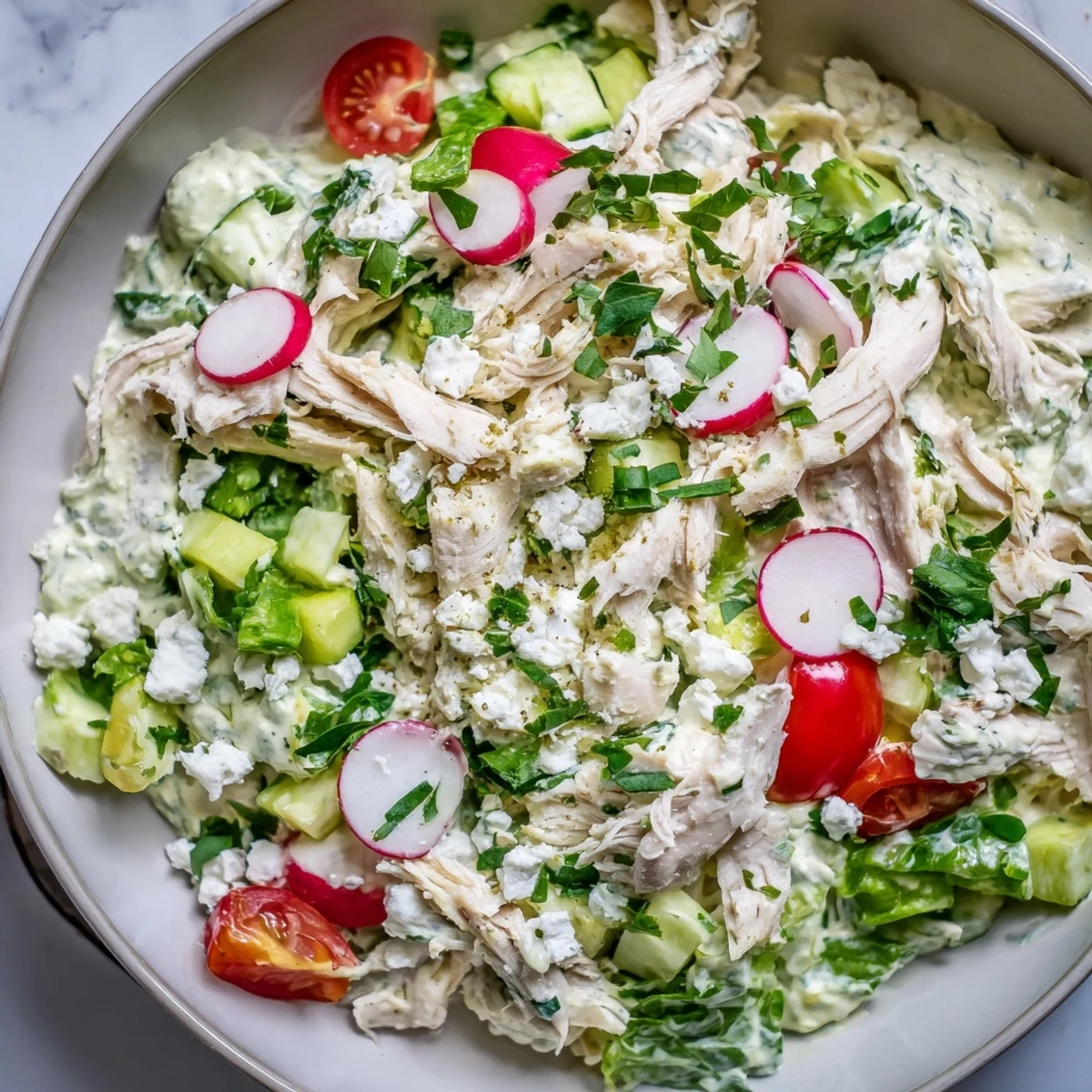 A close-up shot of the fresh Green Goddess Chicken Nacho Dip served with crunchy tortilla chips, ready to eat!