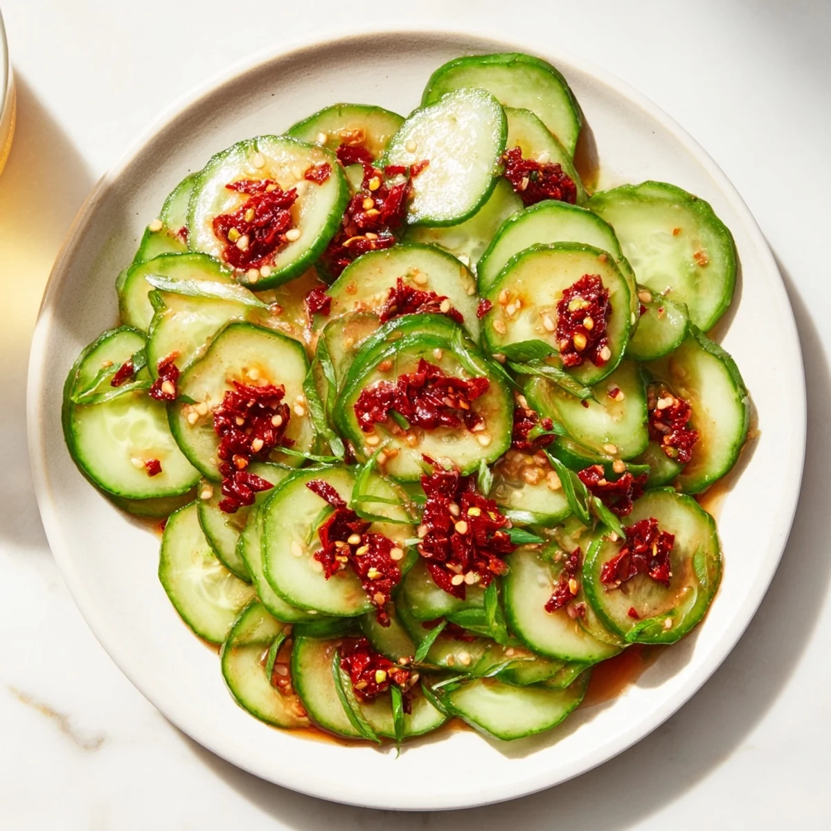 Fresh and tangy: a bowl of cucumber shaker salad ready for a flavorful bite, garnished.