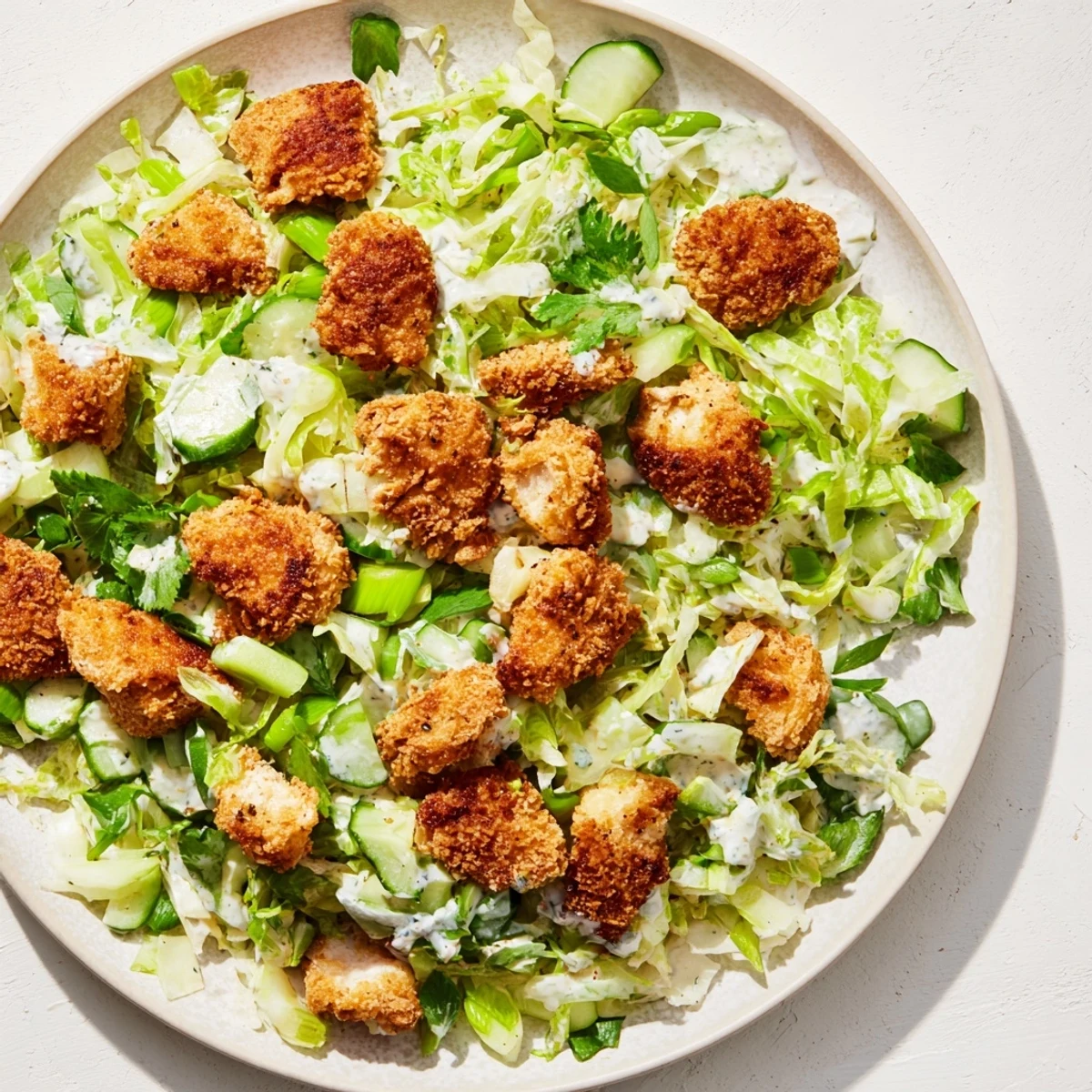 Air-fried chicken nuggets atop a vibrant Green Goddess Nugget Salad, perfect for a refreshing lunch.