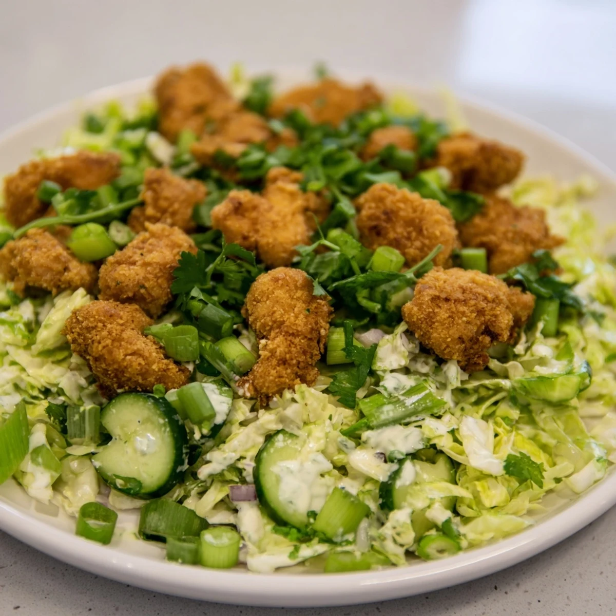Close-up of a flavorful Green Goddess Nugget Salad, a healthy and satisfying dinner option.