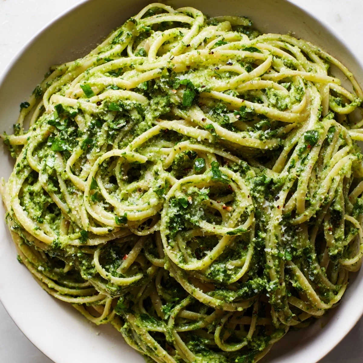 A bowl of green goddess pasta sauce with linguine – a flavorful, herby vegetarian dinner option.
