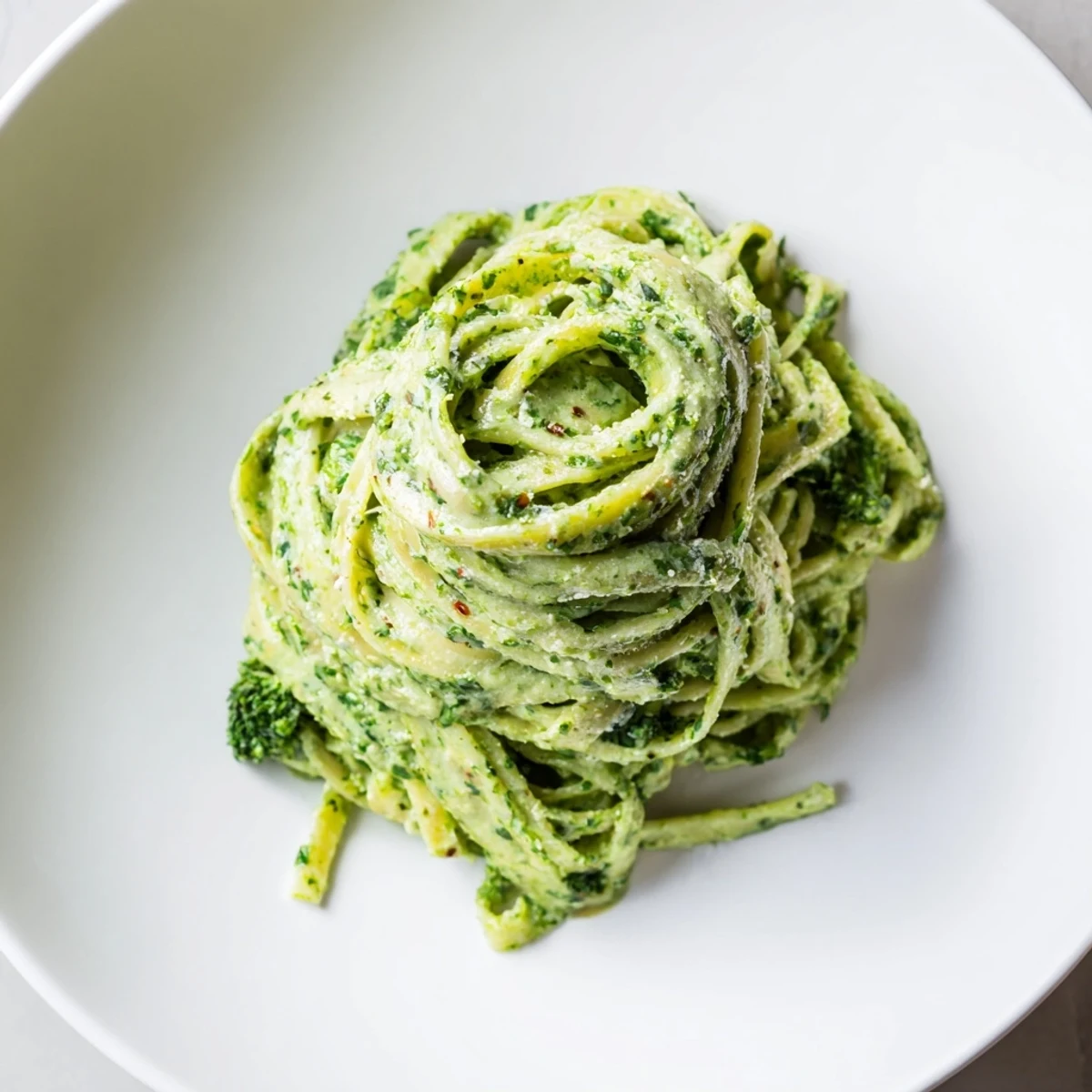 Bright green, creamy green goddess pasta, ready to eat with fresh parmesan garnish and herbs.