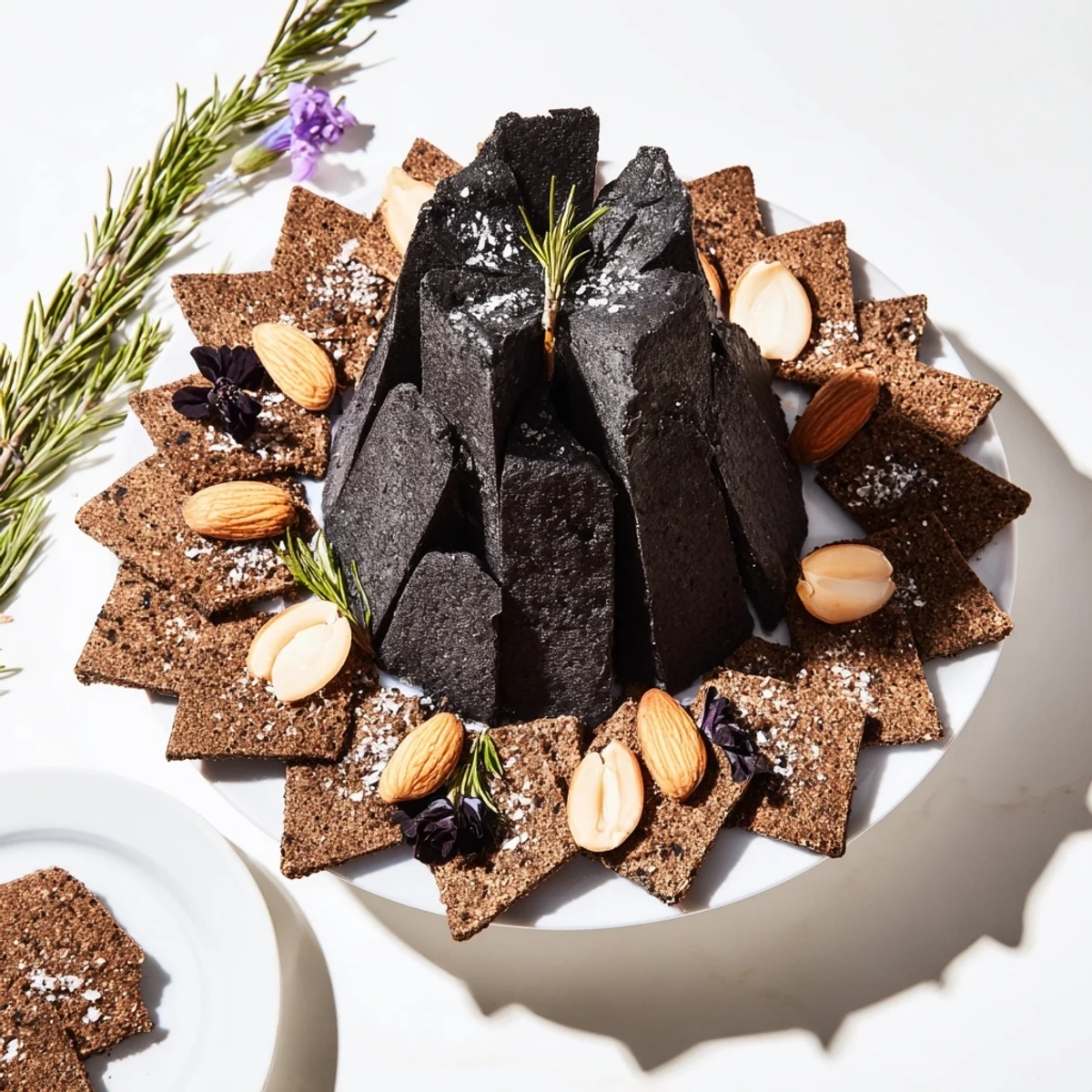 A striking cheese platter recipe, the Obsidian Peak, showcasing a cheddar "mountain" with rye crackers.