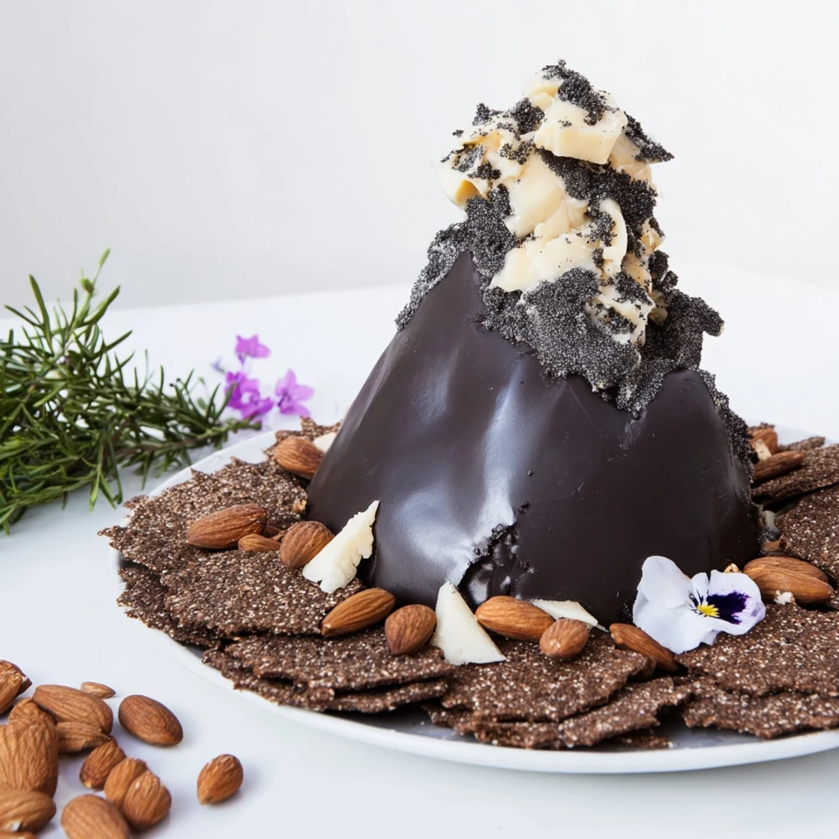 Dramatic cheese platter, the Obsidian Peak, featuring black wax cheddar and charcoal almonds.