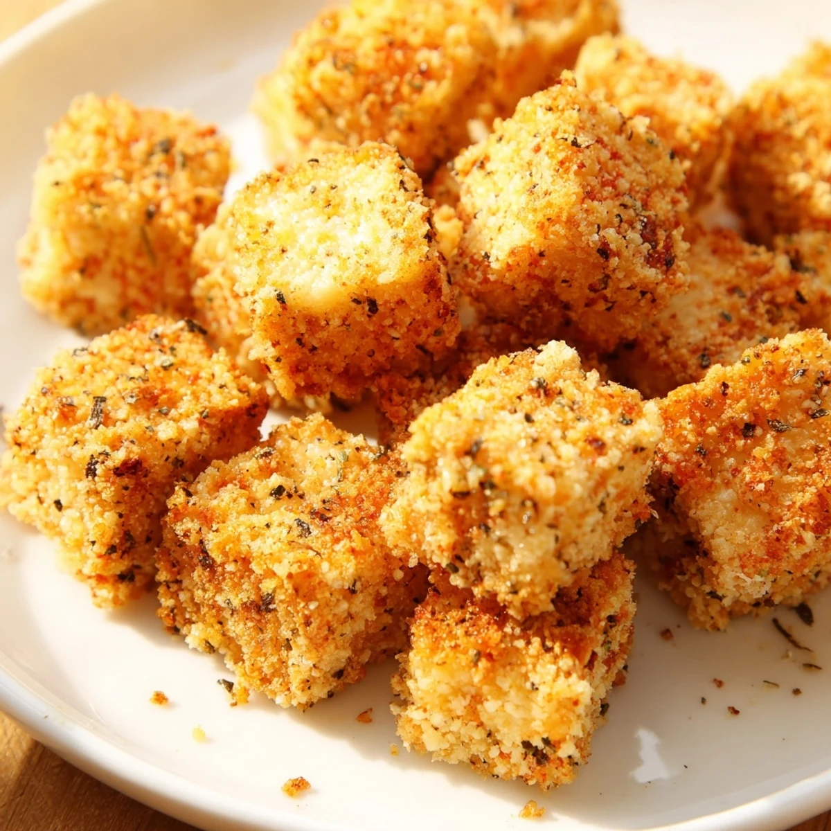 Textured Popcorn Tofu Bites arranged on a baking sheet, offering a satisfying crunch with every bite.