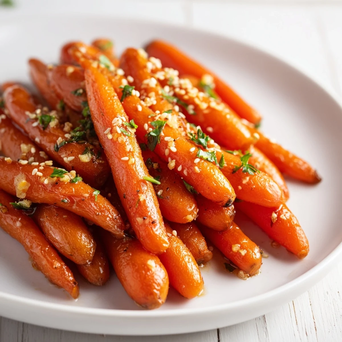 Honey Soy Roasted Carrots glistening with a savory glaze, a delightful vegetarian side bursting with flavor.